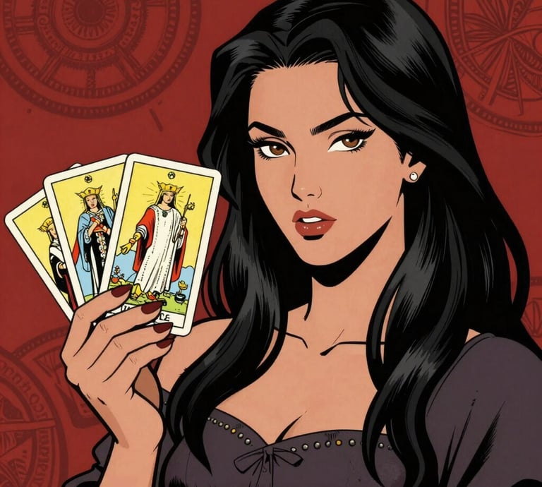 A serene setting with tarot cards laid out on a wooden table surrounded by candles and crystals.