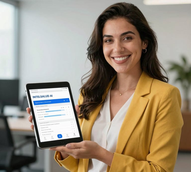 A professional woman analyzing health data charts on a digital tablet in an office setting.