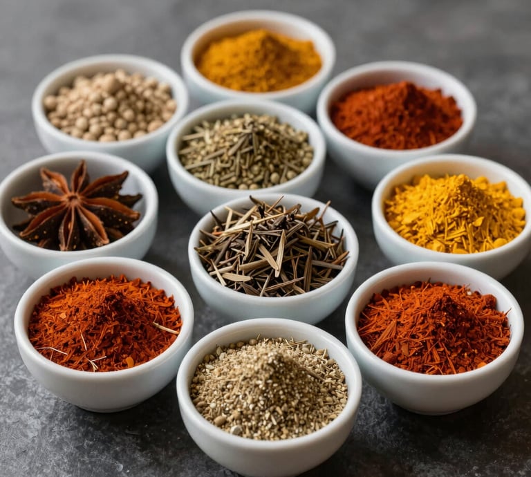 Brightly colored jars of assorted pure spices neatly arranged on a wooden shelf with warm lighting.