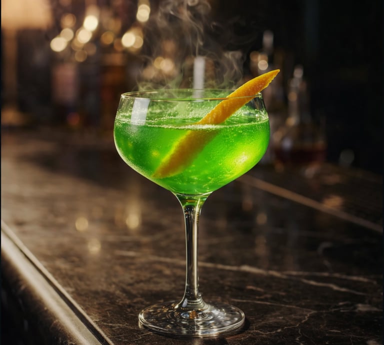 Steaming green cocktail with an orange peel garnish in a coupe glass on a marble bar.