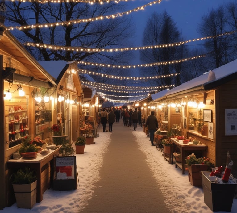 A bustling winter market scene with twinkling lights, colorful stalls, and happy visitors bundled in warm clothes.