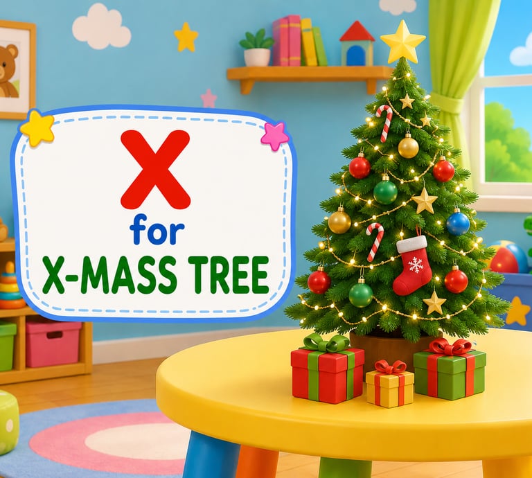 Decorated X-mass tree on a table in a kid's playroom for alphabet learning.