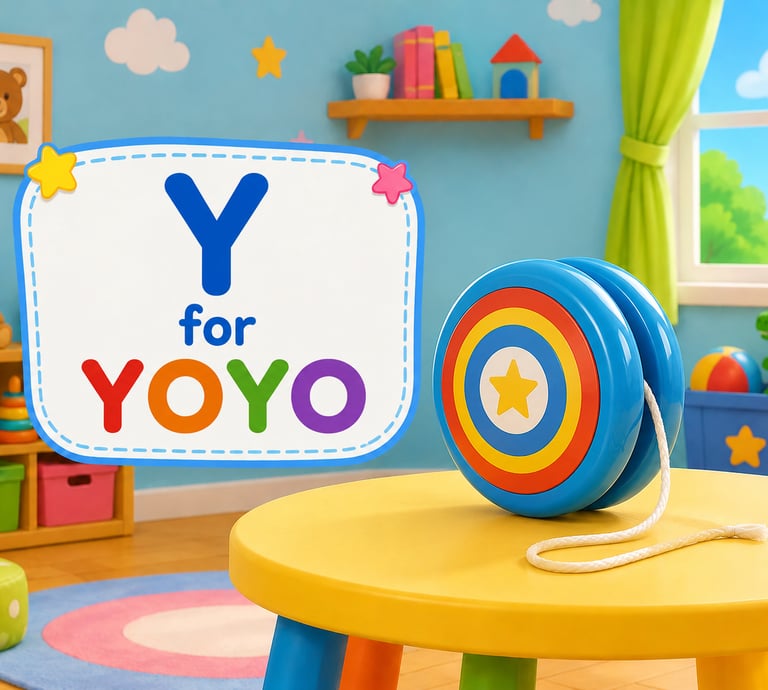 A colorful blue yo-yo toy on a yellow table with text saying Y is for YOYO in a playroom.