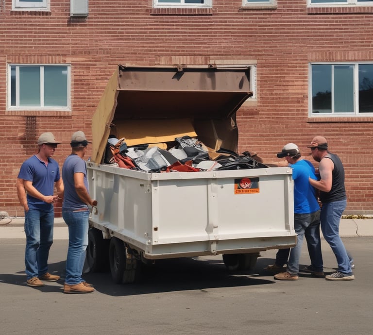 A Junk Brothers team member loading debris into a trailer dumpster on a sunny day.