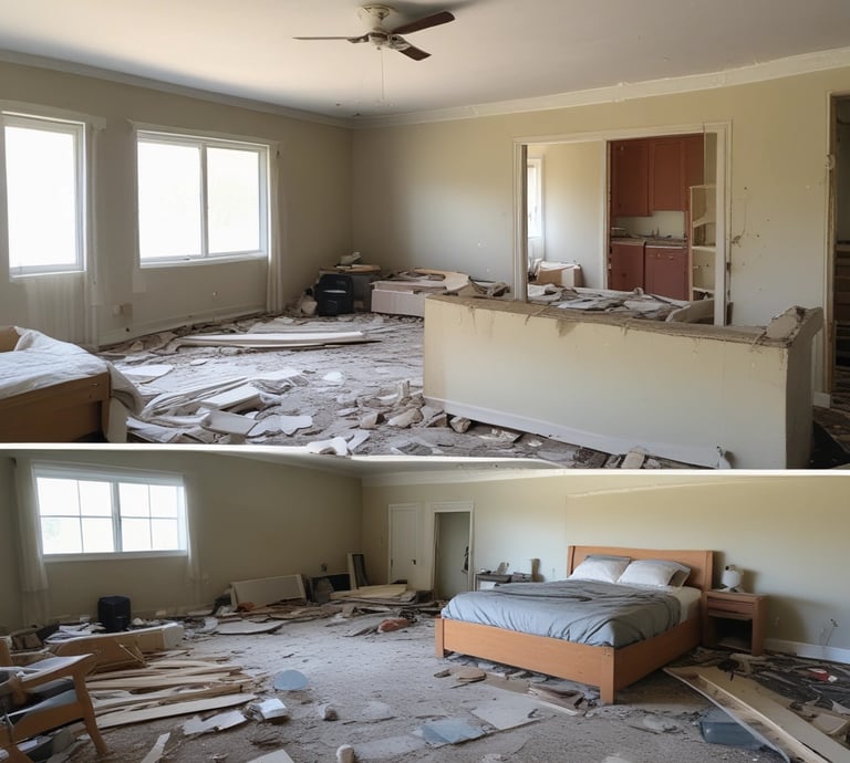 Photo of a Junk Brothers trailer filled with debris, parked outside a residential house.