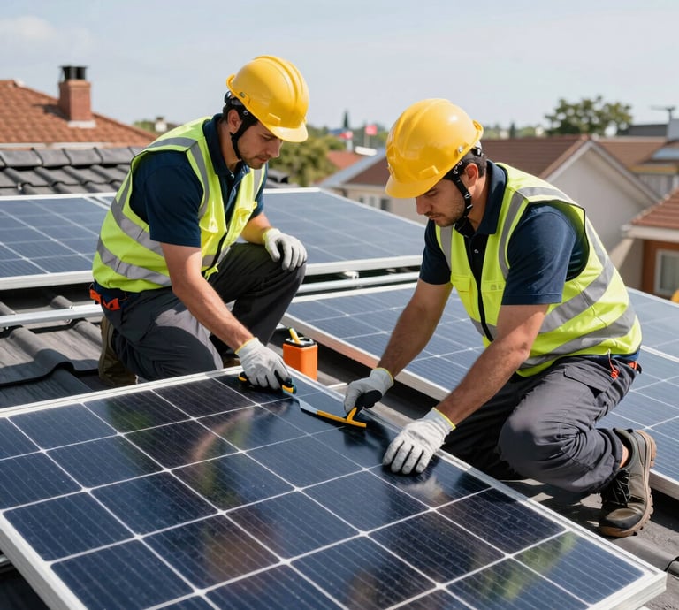 A skilled technician installing solar panels on a sunny rooftop with clear blue skies.