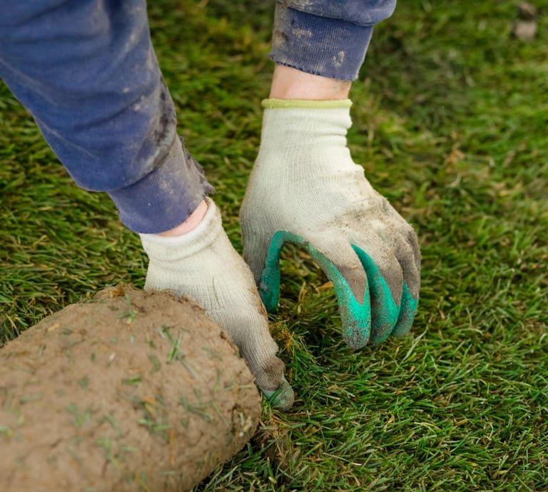 A Hedgie Wilder employee laying new grass turf in a garden in Stamboliyski, Plovdiv.