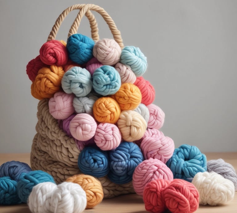 Close-up of a chunky yarn bag in soft pastel colors resting on a milky oat cream background.