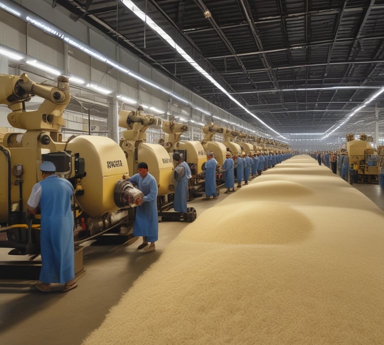 A vast rice milling facility bustling with activity under bright industrial lights.