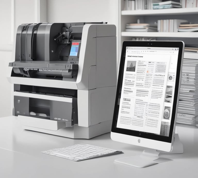 A friendly Pixel Press team member assisting a client with document scanning in a bright office.