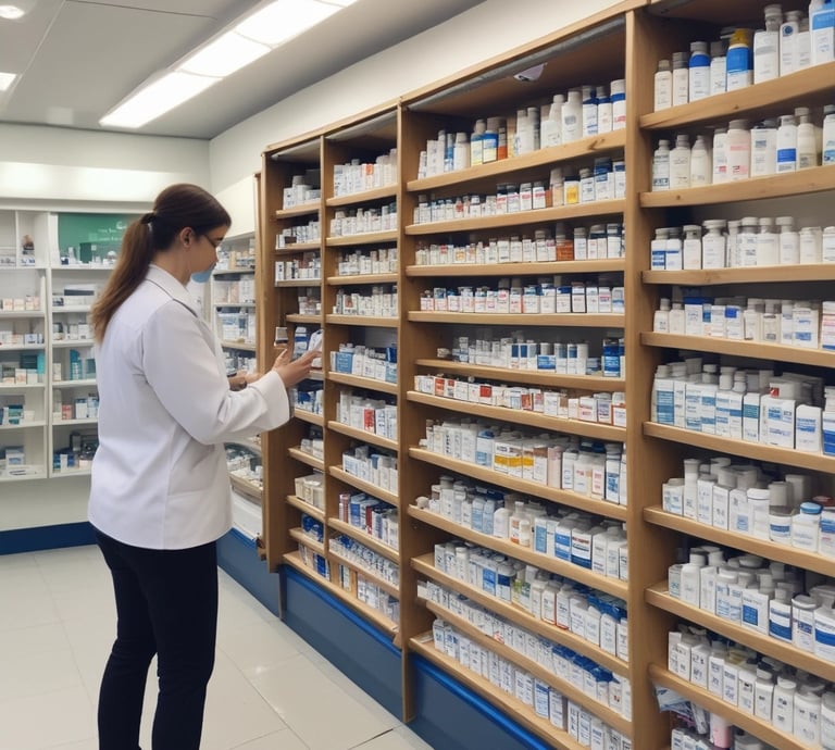 A friendly pharmacist consulting with a small team in a bright, modern pharmacy setting.