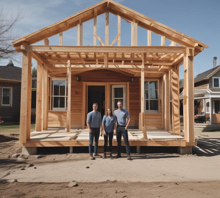 A smiling family standing proudly in front of their newly remodeled home on a sunny day in Davis.