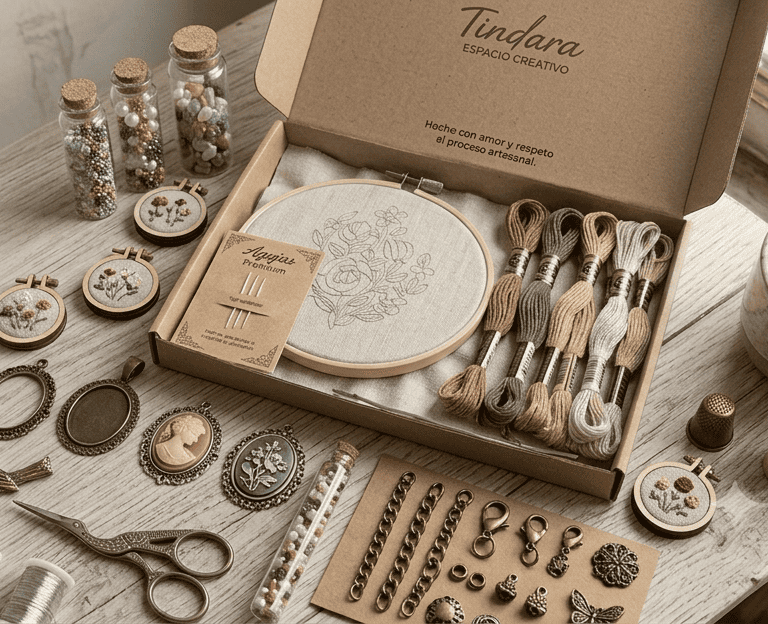 Kit de bordado, hilos y materiales para la elaboración de bordados y joyas hechas a mano.