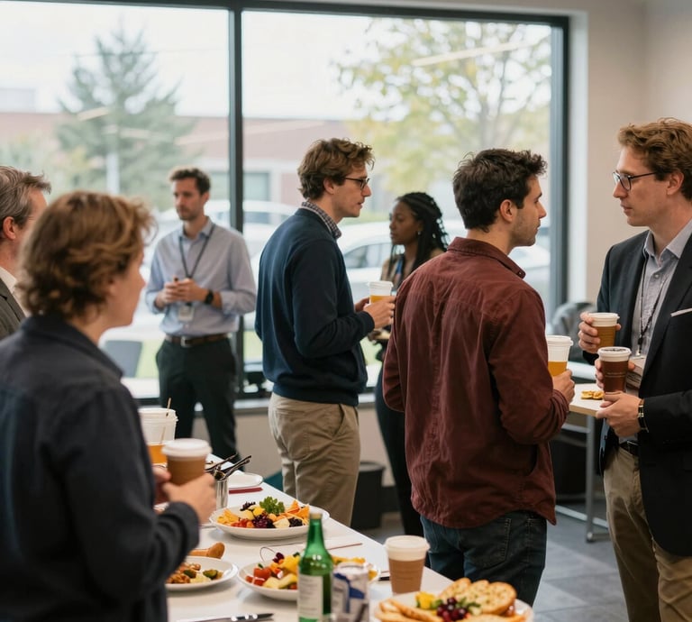 A welcoming small-town office with warm wood accents, featuring a friendly consultant meeting with local small business owners.