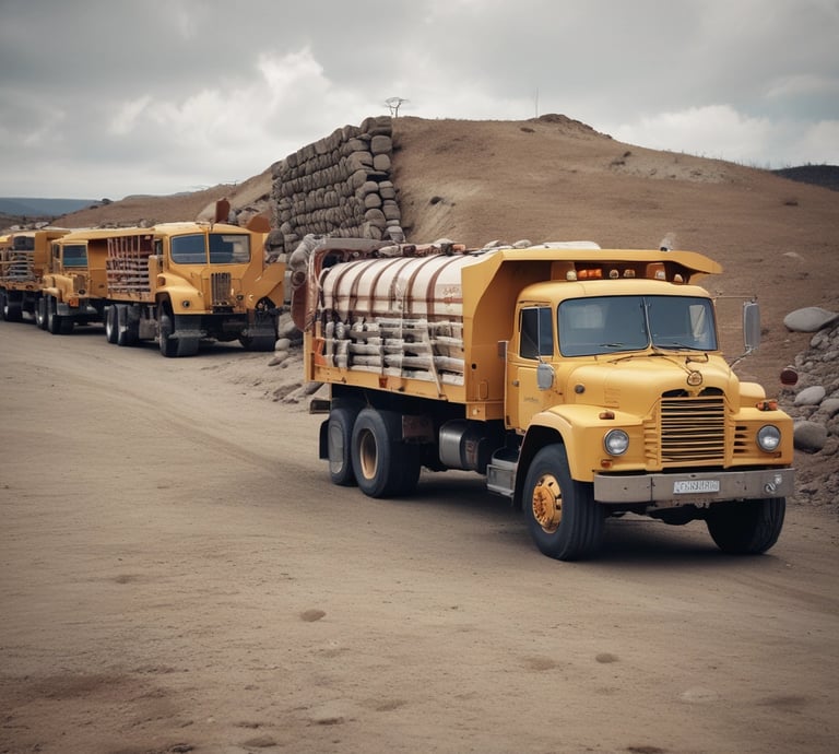 Construction worker inspecting high-strength concrete blocks at a busy building site.