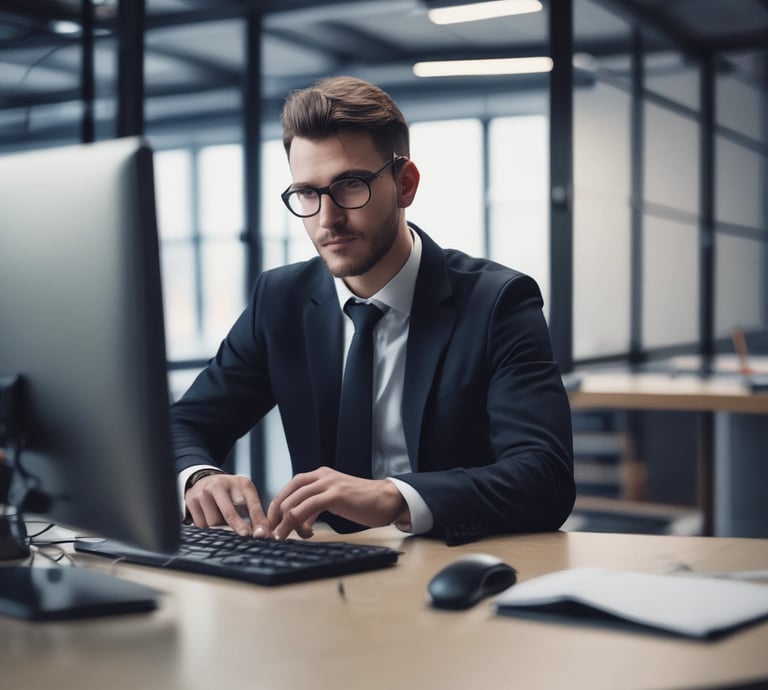 A modern office scene showing a small team collaborating over laptops with warm lighting.