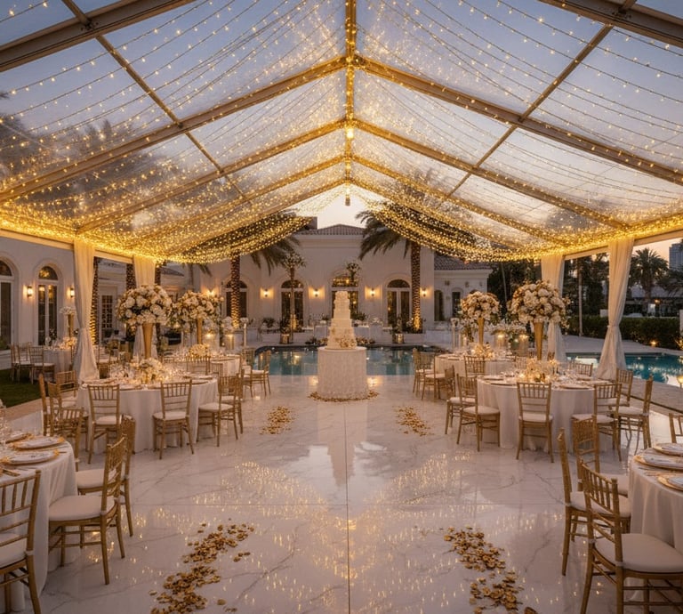 Elegant outdoor wedding reception under a clear marquee tent with fairy lights and floral centerpieces.