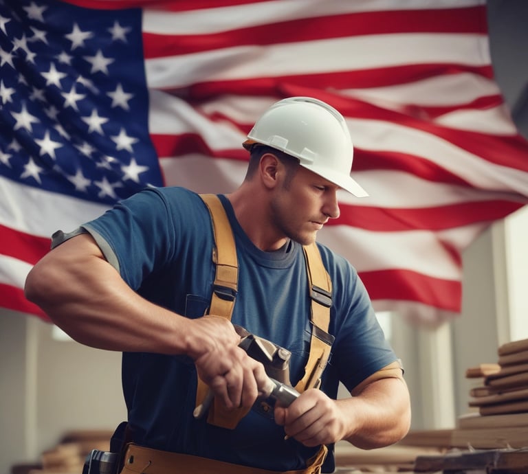 A friendly handyman repairing a wooden deck on a sunny day.