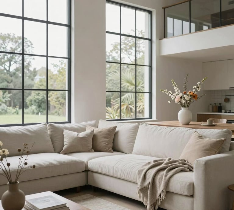 A cozy living room featuring layered materials and organized shelves bathed in natural light.