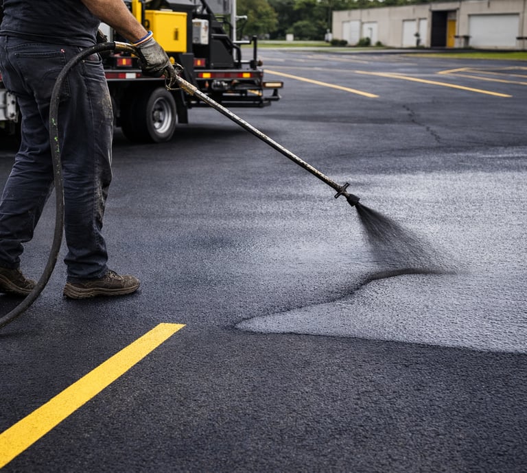 person spaying sealant on a parking lot