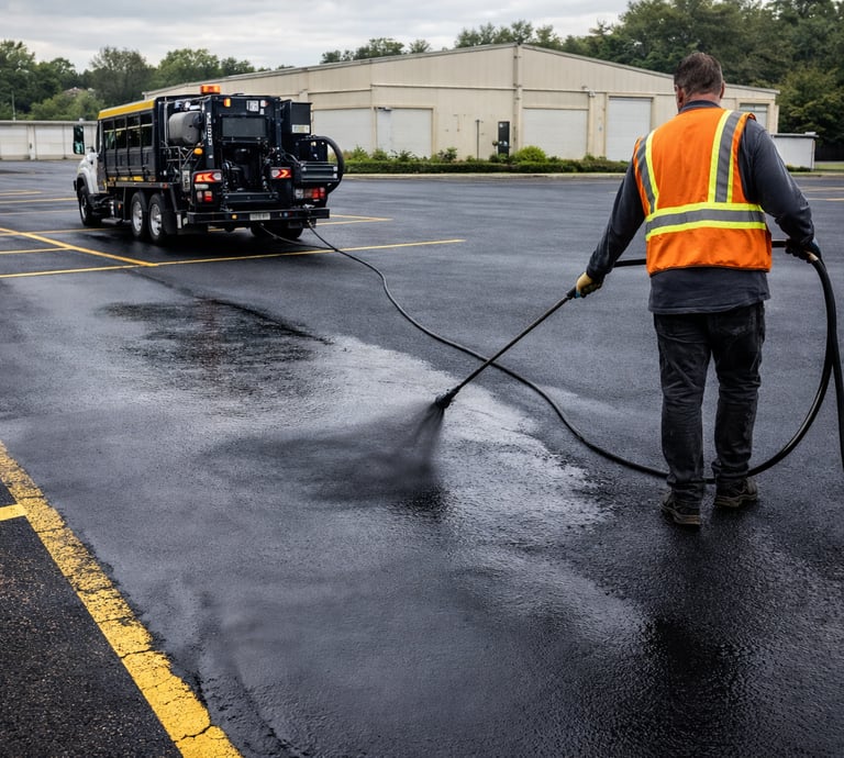 A team member applying fresh black sealcoat on a parking lot under bright sunlight.