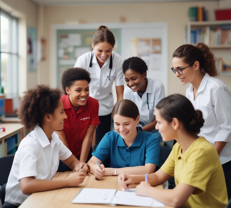 A group of cheerful school support staff gathering together in a bright, welcoming school hallway.
