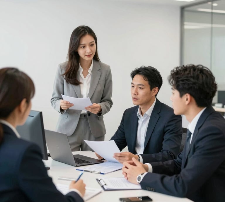 A team of professionals collaborating on a construction site with blueprints and safety gear.