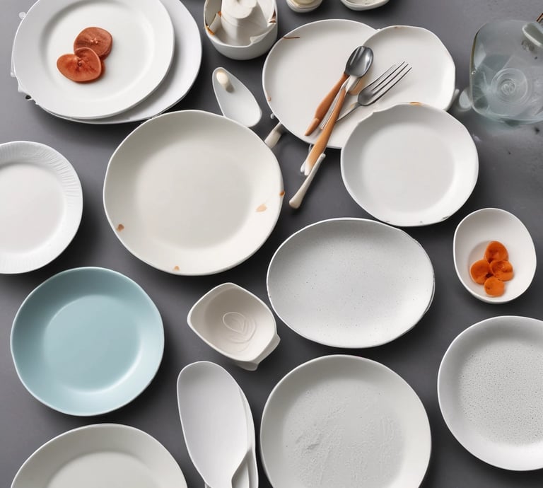 A rustic wooden table set with colorful ceramic plates and matching cups in natural light.