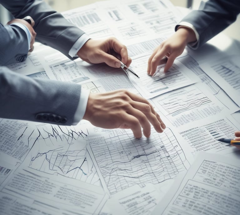 A sleek office desk with navy and gold accents reflecting a professional consulting environment.