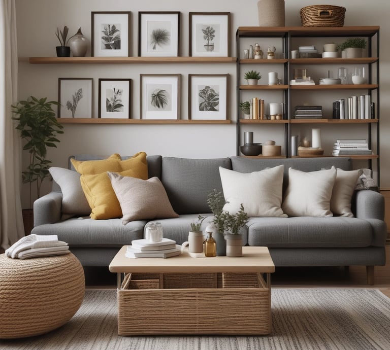 A cozy, tidy living room with neatly arranged everyday essentials like storage baskets and cleaning supplies.