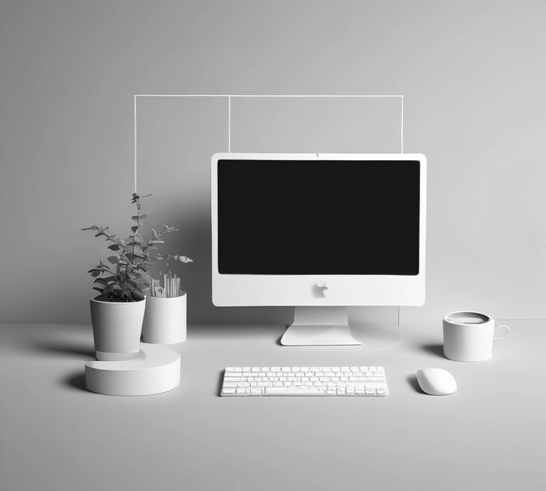 Minimalist abstract architectural forms in white and soft grey on a pure black background, symbolizing upward progress.