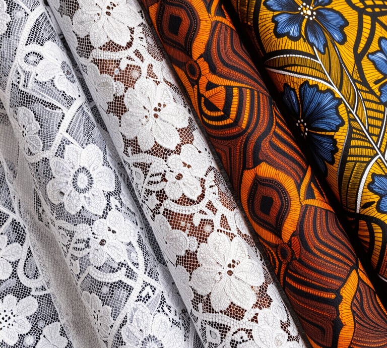 Elegant display of vibrant wax print fabrics draped gracefully on mannequins.