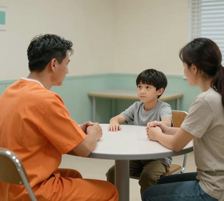 A compassionate volunteer speaking with a family member through a prison visiting room window.