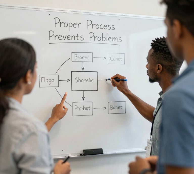 A team of consultants collaborating over process flowcharts in a bright office.