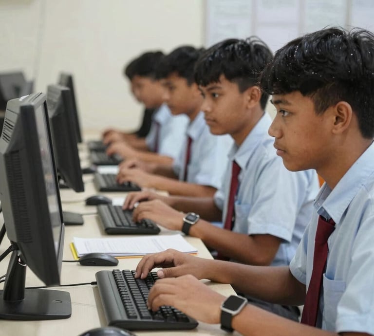 Modern office environment with professionals collaborating on certification documents