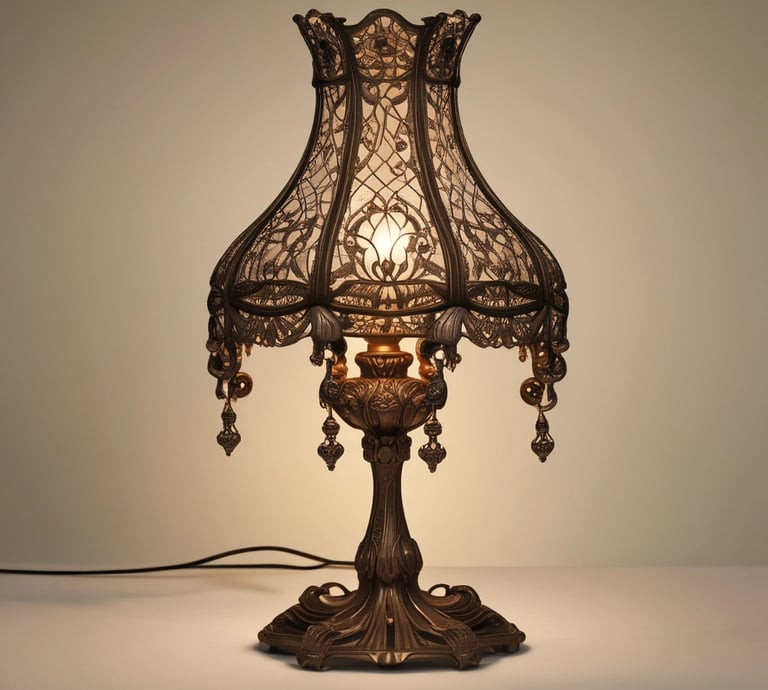 Large, elegant flower-shaped lamps made of translucent material are illuminated against a dark background. The design features organic curves and lines, resembling petals unfolding towards the sky. The lighting creates a soft, atmospheric glow that enhances the texture and structure of the lamps.