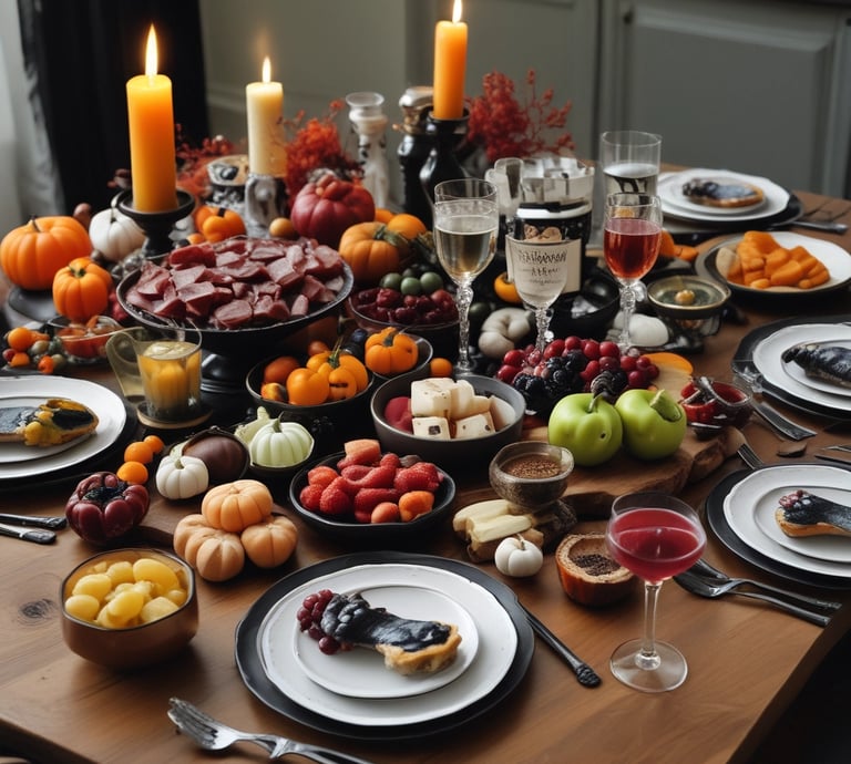 A warmly decorated dining table set for a festive holiday meal with candles and seasonal accents.