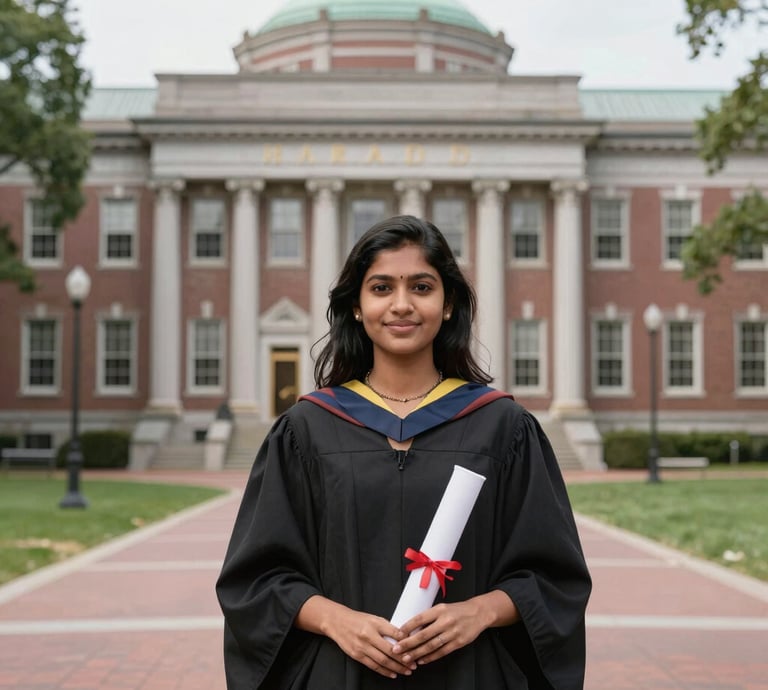 A confident Indian student in their mid-20s smiling while holding a passport and university acceptance letter.