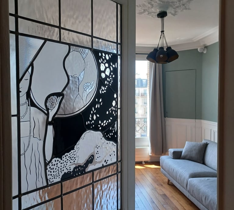 Vitrail sur-mesure intégré à une porte intérieure — Paris 17e