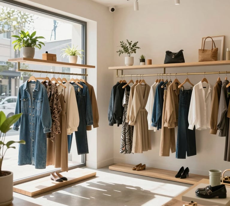 A cozy display of colorful clothing racks alongside shelves filled with books and DVDs in a warm, inviting space.