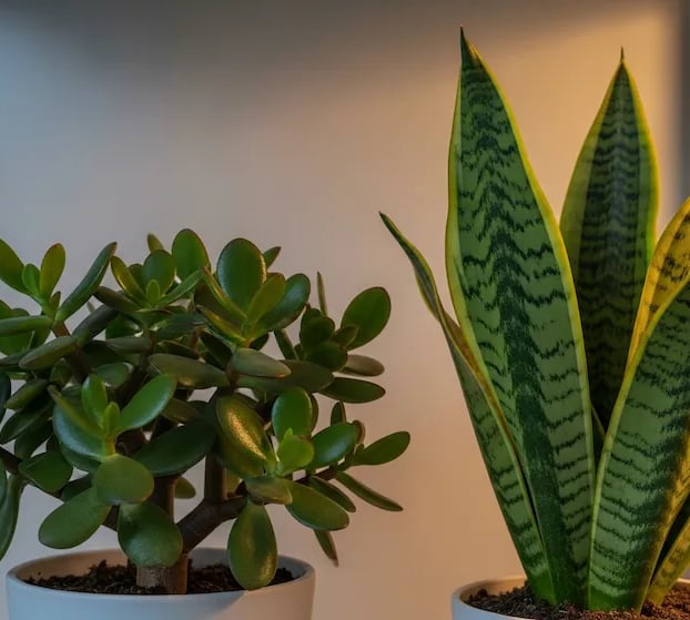 Un Árbol de Jade y una Sansevieria sanas en una estantería.