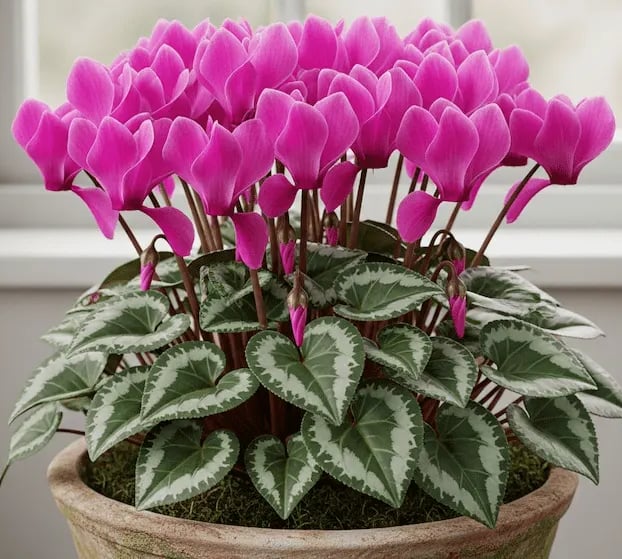 Ciclamen mostrandose florecido en ambiente de luz.