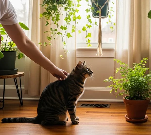 Persona supervisando con cariño a su gato curioso cerca de una planta de interior.