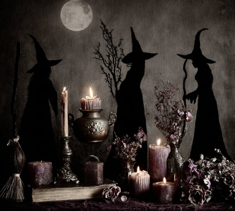 Un autel de sorcières avec des bougies éclairées par la pleine lune.
