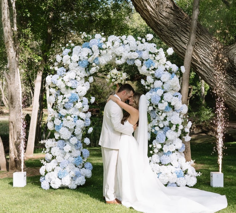 White hydrangea Blue flower arch wedding