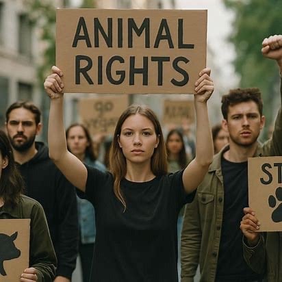 manifestanti in strada e una donna mostra un grande cartello con scritto “diritti per gli animali “