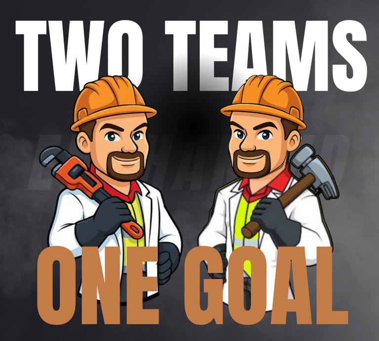 two contractors in hardhats and doctor's coats