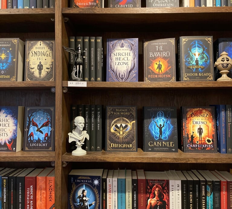 A cozy bookshelf filled with colorful fantasy novels and fairy tale books.