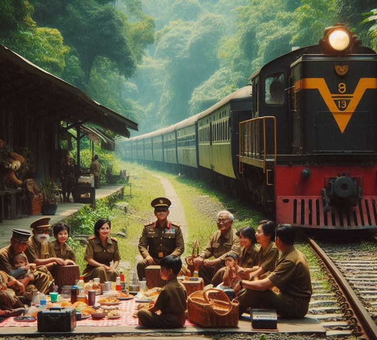 Army at a Picnic on a Railway Station by the side of a train.