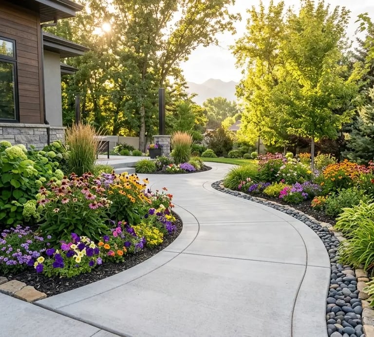 Custom curved concrete backyard walkway and garden path in Utah